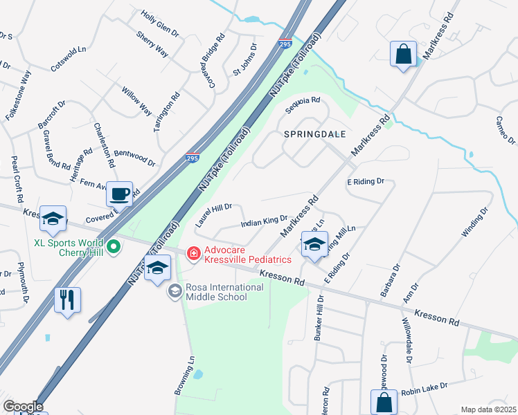 map of restaurants, bars, coffee shops, grocery stores, and more near 119 West Riding Road in Cherry Hill Township