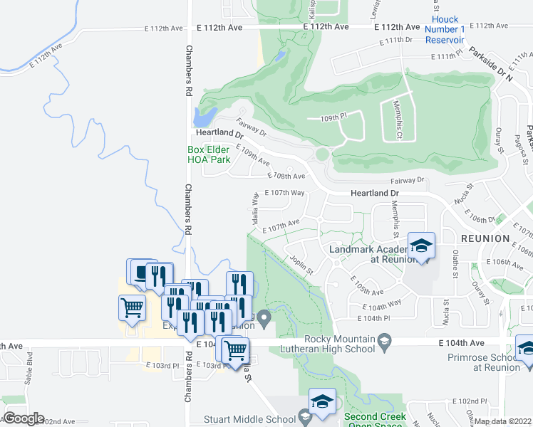map of restaurants, bars, coffee shops, grocery stores, and more near 15704 East 107th Place in Commerce City