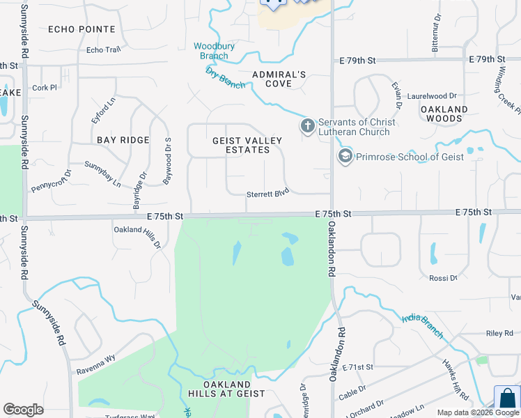 map of restaurants, bars, coffee shops, grocery stores, and more near 11528 East 75th Street in Indianapolis