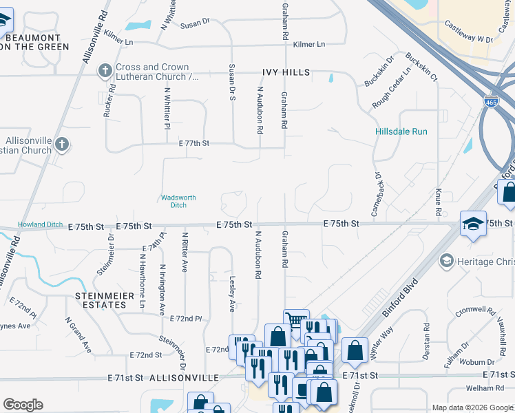map of restaurants, bars, coffee shops, grocery stores, and more near 7509 North Audubon Road in Indianapolis