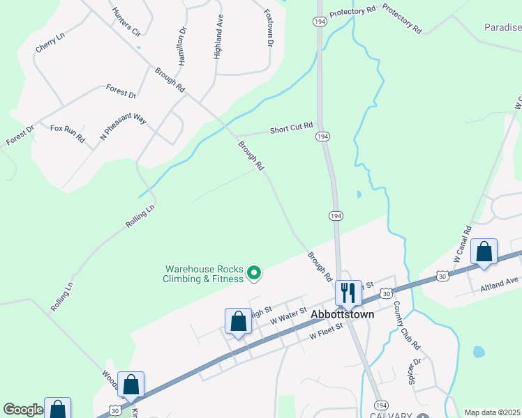 map of restaurants, bars, coffee shops, grocery stores, and more near 372 Brough Road in Abbottstown