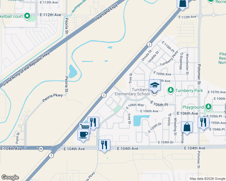 map of restaurants, bars, coffee shops, grocery stores, and more near 12442 East 106th Place in Commerce City