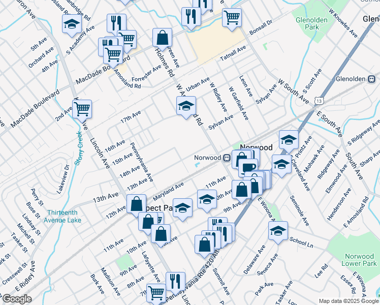 map of restaurants, bars, coffee shops, grocery stores, and more near 541 13th Avenue in Prospect Park