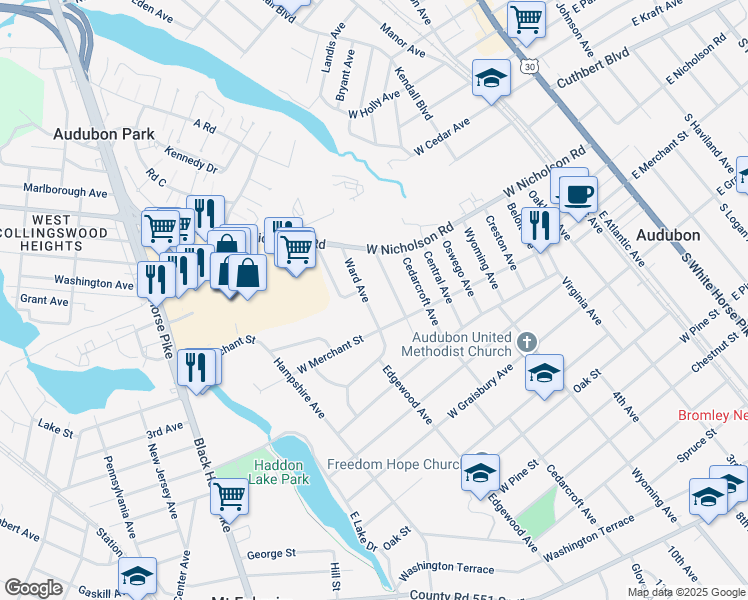 map of restaurants, bars, coffee shops, grocery stores, and more near 44 Ward Avenue in Audubon
