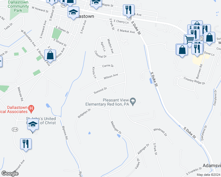 map of restaurants, bars, coffee shops, grocery stores, and more near 739 Summit Drive in Dallastown