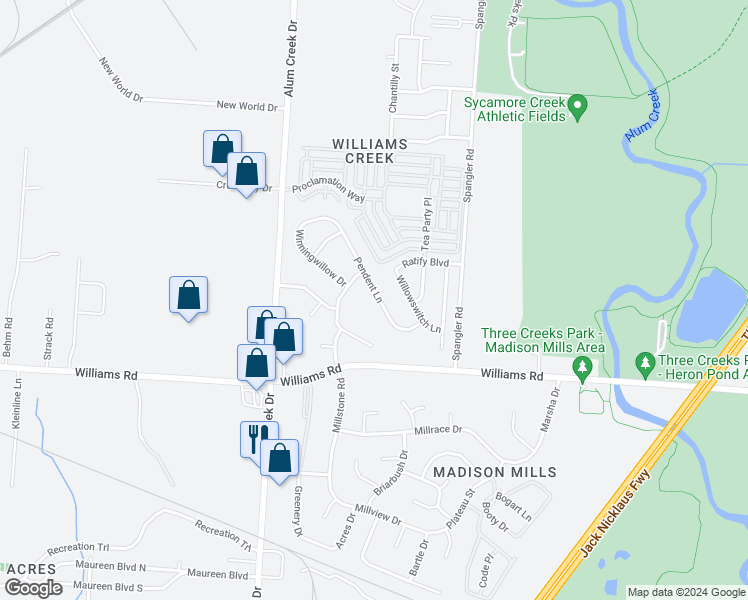 map of restaurants, bars, coffee shops, grocery stores, and more near 3787 Pendent Lane in Columbus