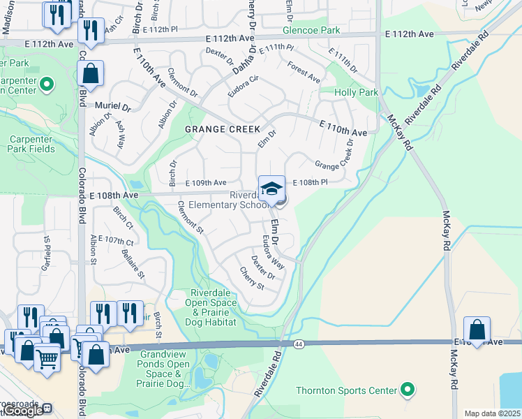 map of restaurants, bars, coffee shops, grocery stores, and more near 10745 Eudora Circle in Thornton