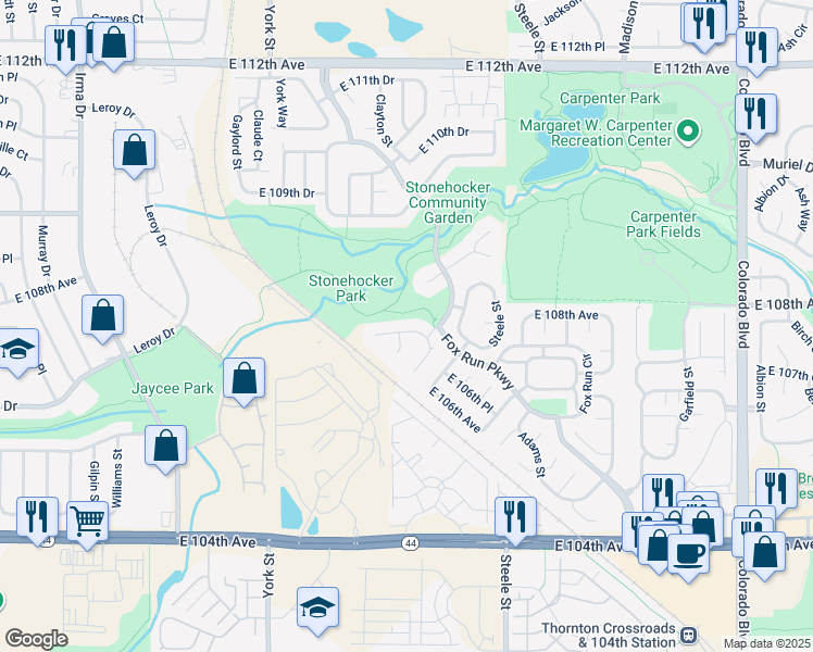 map of restaurants, bars, coffee shops, grocery stores, and more near 10740 Fillmore Court in Northglenn