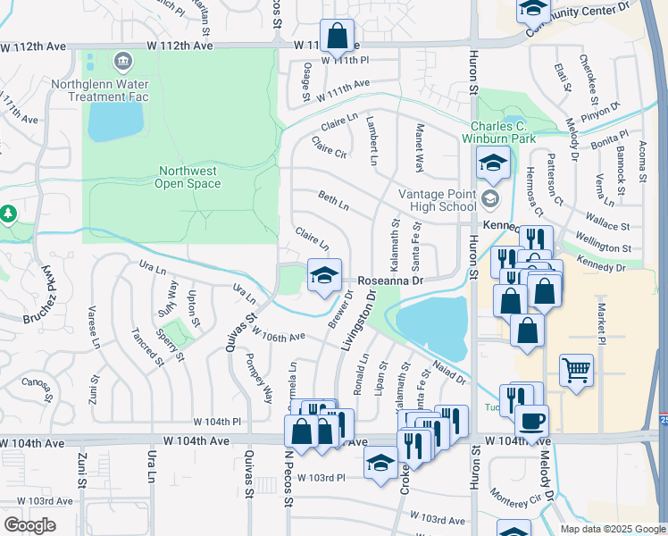 map of restaurants, bars, coffee shops, grocery stores, and more near 10683 Brewer Drive in Northglenn