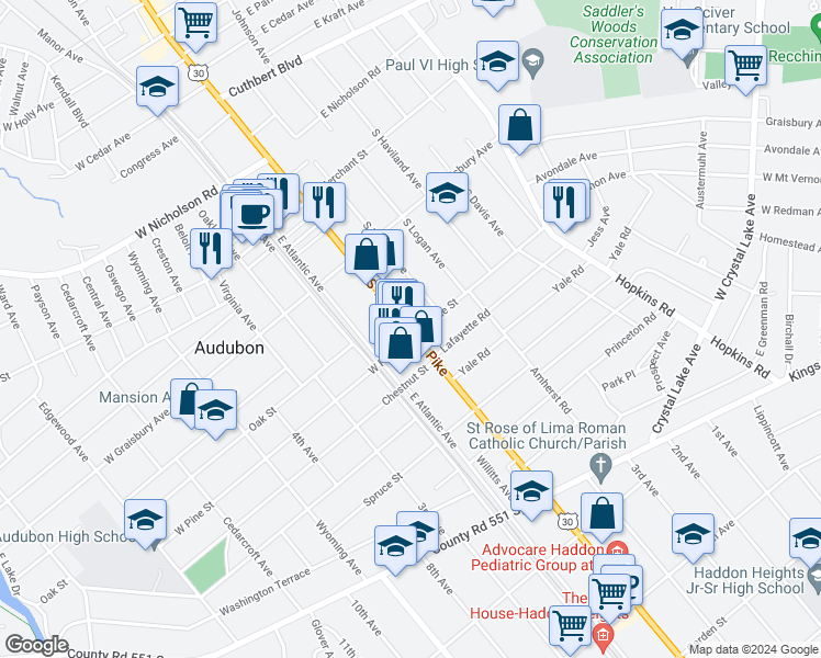 map of restaurants, bars, coffee shops, grocery stores, and more near 14 West Pine Street in Audubon
