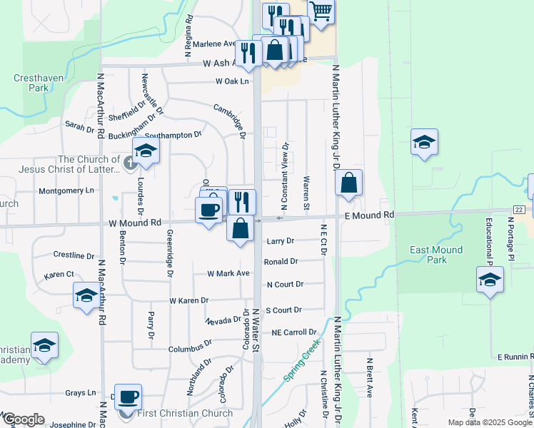 map of restaurants, bars, coffee shops, grocery stores, and more near 201-299 East Mound Road in Decatur