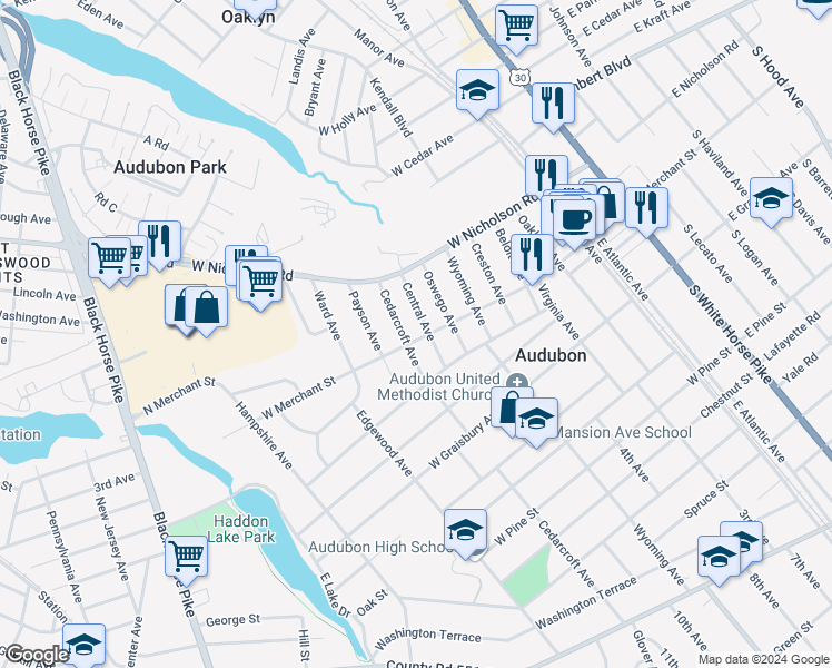 map of restaurants, bars, coffee shops, grocery stores, and more near 345 West Merchant Street in Audubon