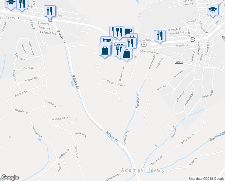 map of restaurants, bars, coffee shops, grocery stores, and more near 353 Country Ridge Drive in Red Lion