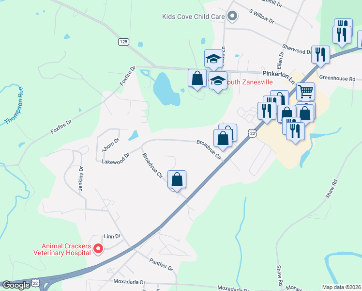 map of restaurants, bars, coffee shops, grocery stores, and more near 2954 Newton Drive in Zanesville