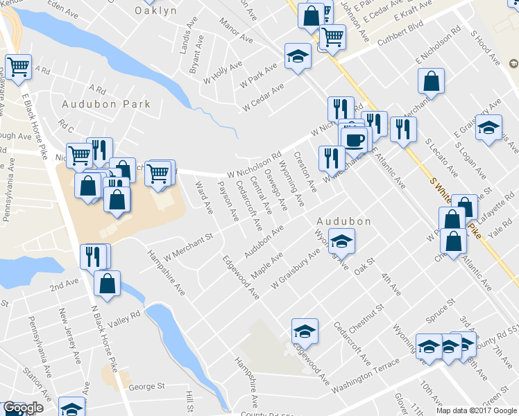 map of restaurants, bars, coffee shops, grocery stores, and more near 345 West Merchant Street in Audubon