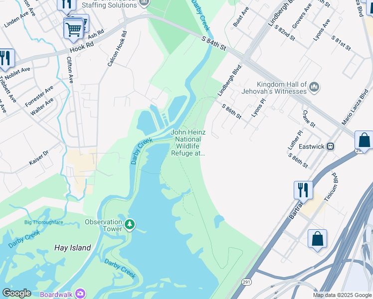 map of restaurants, bars, coffee shops, grocery stores, and more near 8601 Lindbergh Boulevard in Philadelphia