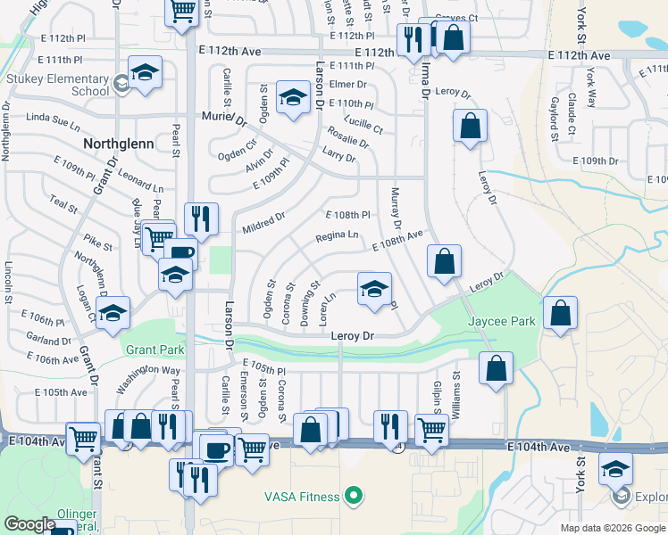 map of restaurants, bars, coffee shops, grocery stores, and more near 10714 Downing Street in Northglenn