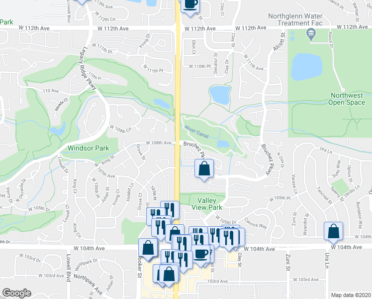 map of restaurants, bars, coffee shops, grocery stores, and more near 10725 Eliot Circle in Denver