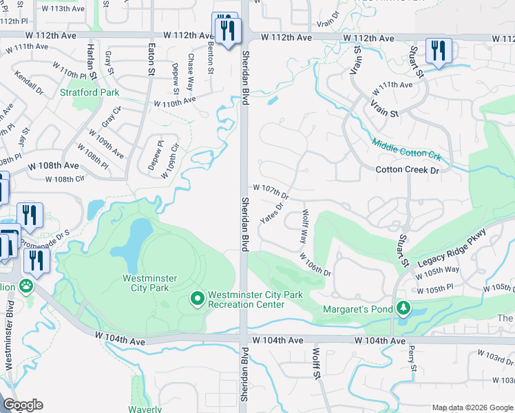 map of restaurants, bars, coffee shops, grocery stores, and more near 10705 Yates Drive in Westminster