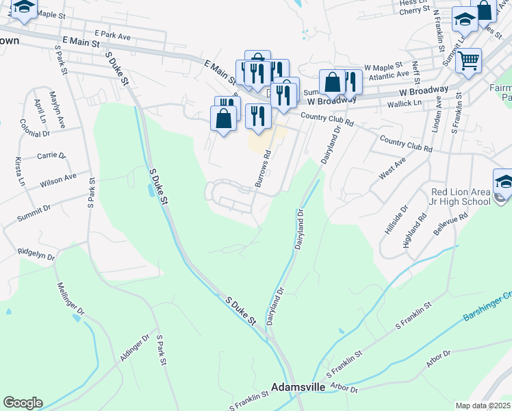 map of restaurants, bars, coffee shops, grocery stores, and more near 225 Burrows Road in Red Lion