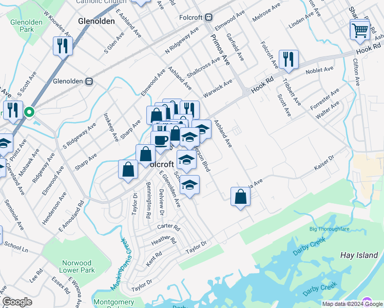 map of restaurants, bars, coffee shops, grocery stores, and more near in Folcroft
