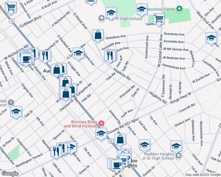 map of restaurants, bars, coffee shops, grocery stores, and more near 152 Cornell Road in Audubon