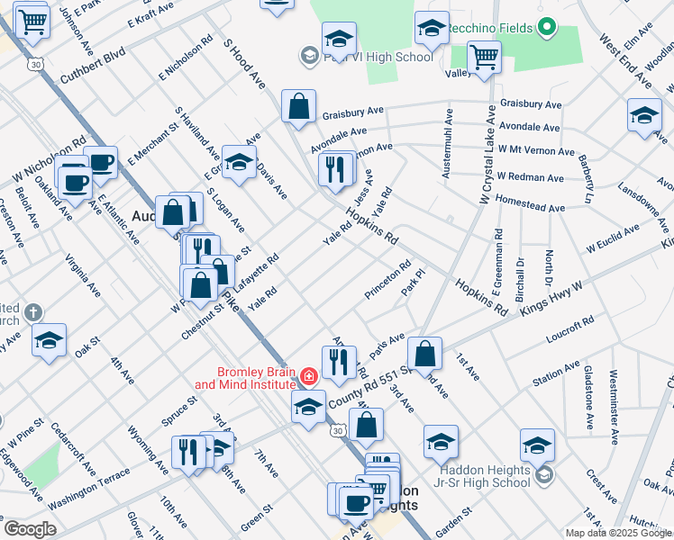 map of restaurants, bars, coffee shops, grocery stores, and more near 152 Cornell Road in Audubon