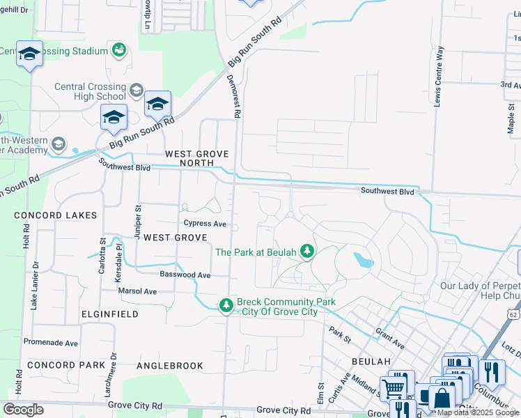 map of restaurants, bars, coffee shops, grocery stores, and more near 3615 Glacial Lane in Grove City