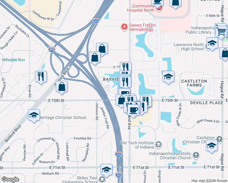 map of restaurants, bars, coffee shops, grocery stores, and more near 7545 Bayview Club Drive in Indianapolis
