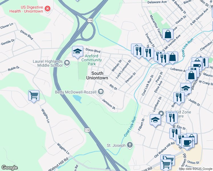 map of restaurants, bars, coffee shops, grocery stores, and more near 83 Camelian Street in Uniontown
