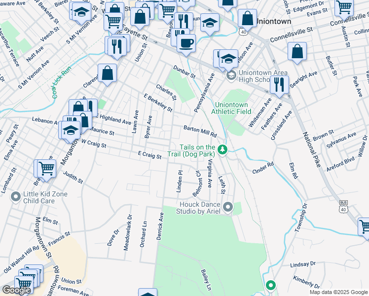 map of restaurants, bars, coffee shops, grocery stores, and more near 51 Country Club Boulevard in Uniontown