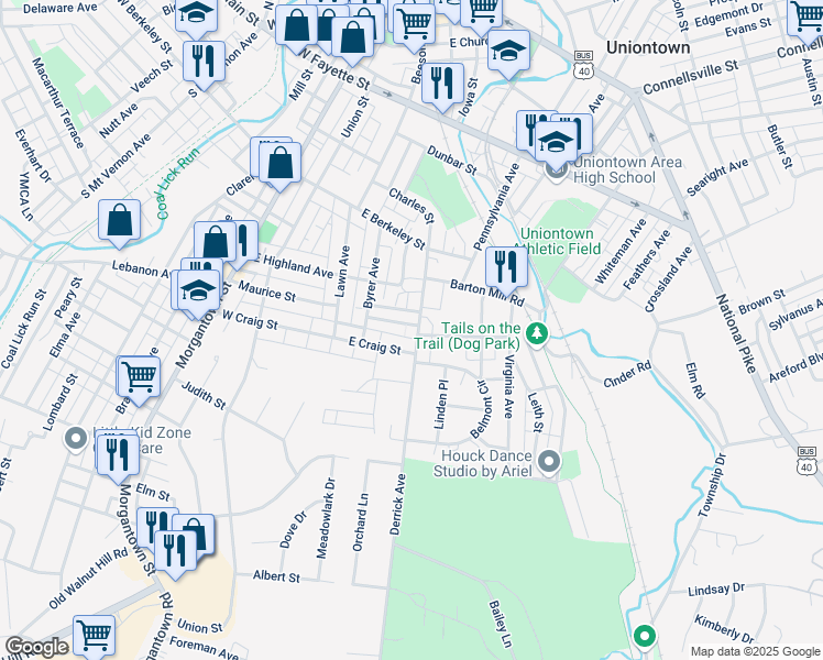 map of restaurants, bars, coffee shops, grocery stores, and more near 19 Belmont Circle in Uniontown