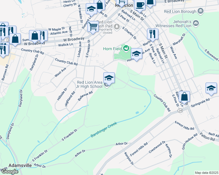 map of restaurants, bars, coffee shops, grocery stores, and more near 200 Country Club Road in Red Lion