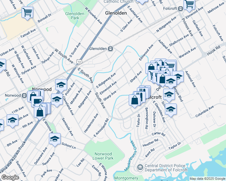map of restaurants, bars, coffee shops, grocery stores, and more near 514 Sharp Avenue in Glenolden