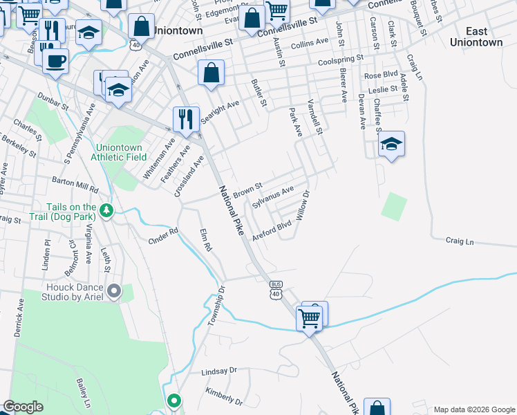 map of restaurants, bars, coffee shops, grocery stores, and more near 125 Sylvanus Avenue in Uniontown