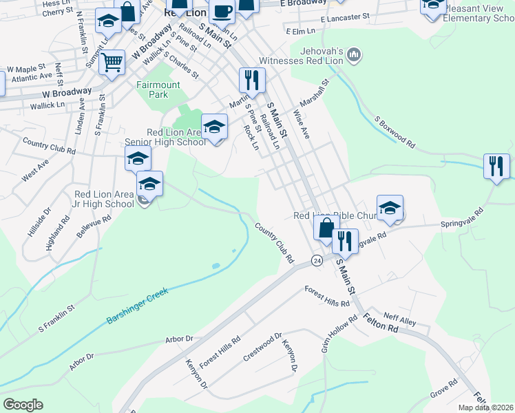 map of restaurants, bars, coffee shops, grocery stores, and more near 174 Country Club Road in Red Lion