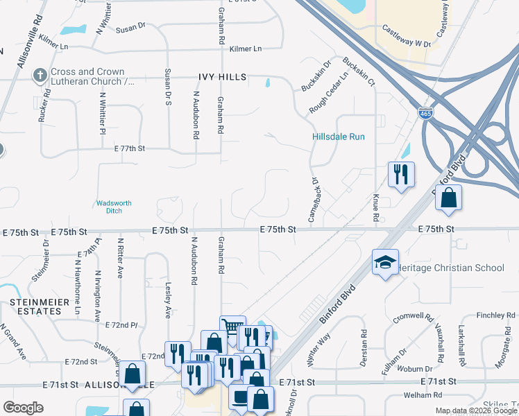 map of restaurants, bars, coffee shops, grocery stores, and more near 5921 Cape Cod Court in Indianapolis