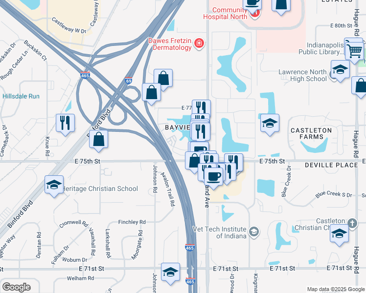 map of restaurants, bars, coffee shops, grocery stores, and more near 7550 Bayview Club Drive in Indianapolis