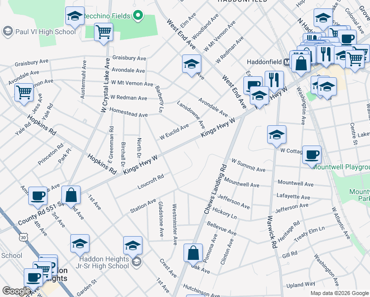 map of restaurants, bars, coffee shops, grocery stores, and more near 332 Knolltop Lane in Haddonfield
