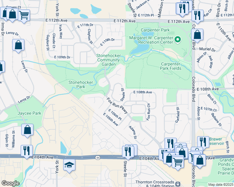 map of restaurants, bars, coffee shops, grocery stores, and more near 10735 Steele Street in Northglenn