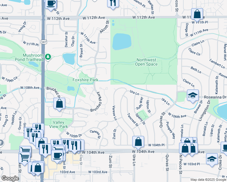 map of restaurants, bars, coffee shops, grocery stores, and more near 10718 Varese Lane in Northglenn