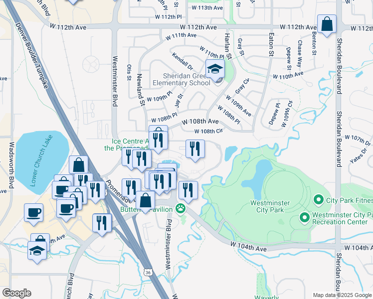 map of restaurants, bars, coffee shops, grocery stores, and more near 6300 Promenade Drive North in Westminster