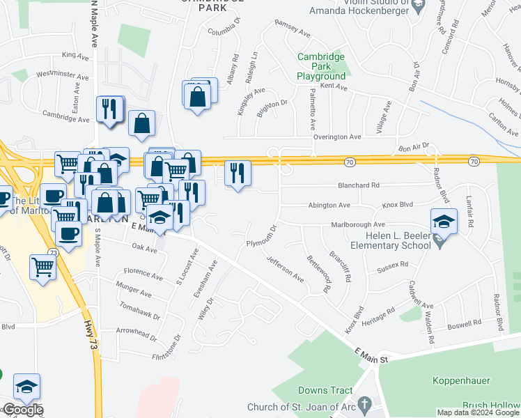 map of restaurants, bars, coffee shops, grocery stores, and more near 21 Plymouth Drive in Evesham