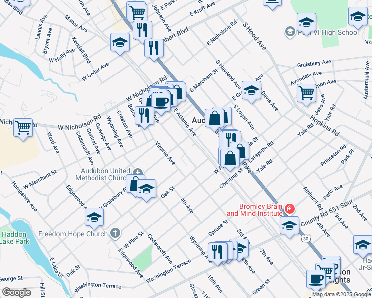 map of restaurants, bars, coffee shops, grocery stores, and more near 230 Oakland Avenue in Audubon