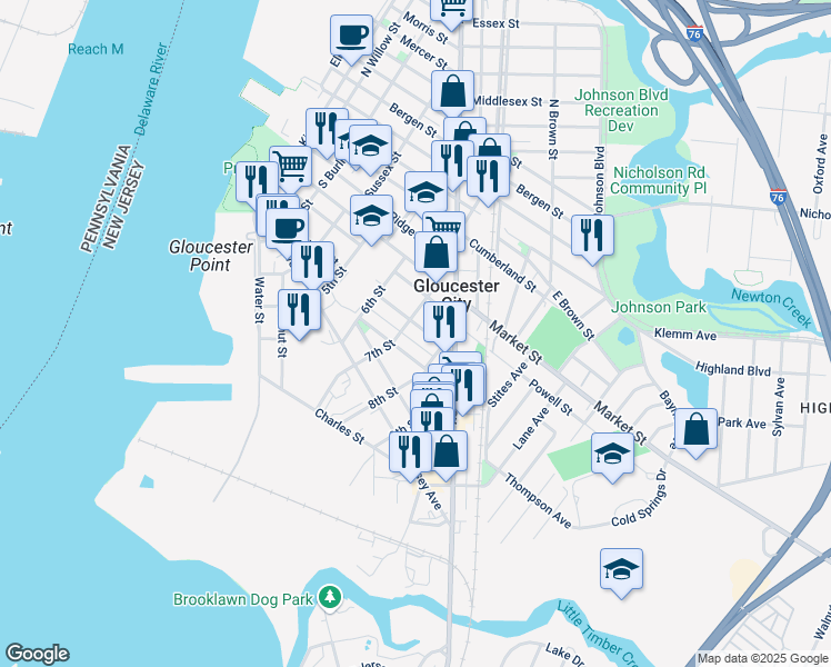 map of restaurants, bars, coffee shops, grocery stores, and more near 741 Division Street in Gloucester City