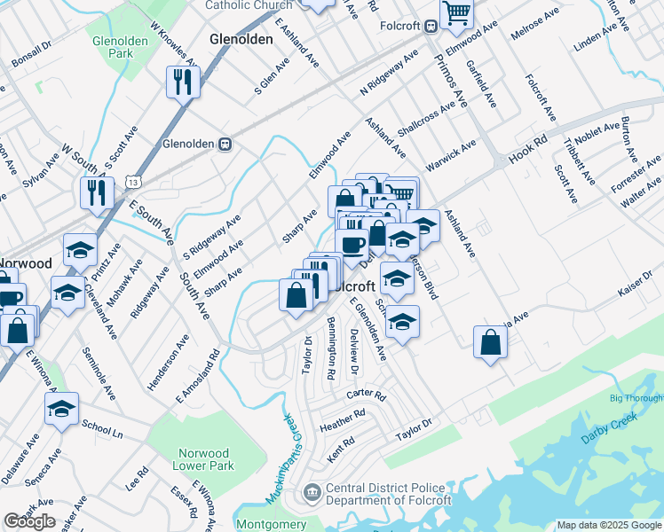 map of restaurants, bars, coffee shops, grocery stores, and more near 14 Grant Terrace in Folcroft