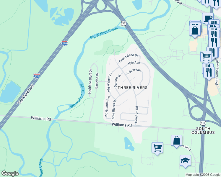 map of restaurants, bars, coffee shops, grocery stores, and more near 3850 Big Walnut Drive in Groveport