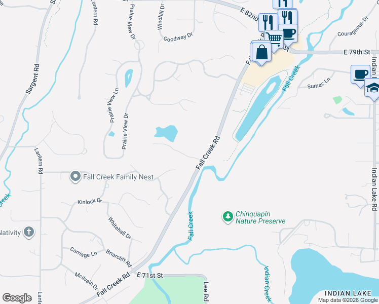 map of restaurants, bars, coffee shops, grocery stores, and more near 9316-9394 Fall Creek Rd in Indianapolis
