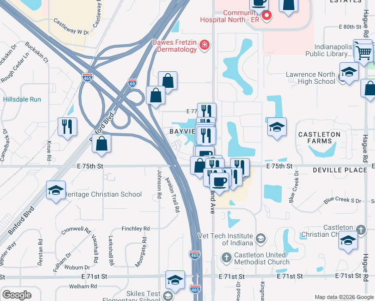 map of restaurants, bars, coffee shops, grocery stores, and more near 7550 Bayview Club Drive in Indianapolis
