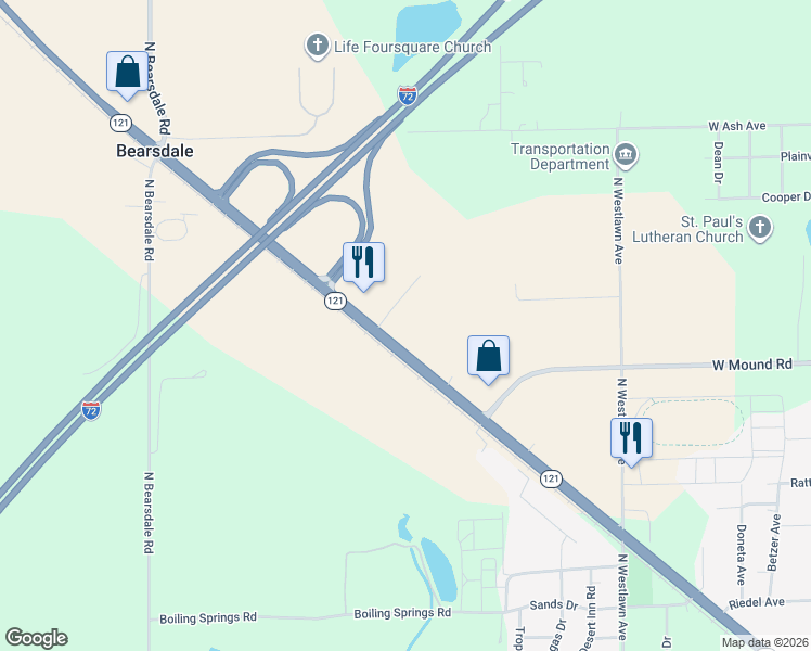 map of restaurants, bars, coffee shops, grocery stores, and more near Highway 121 in Decatur